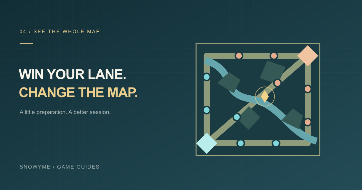 Original three-lane map illustration with opposing bases, river crossings, and objective markers