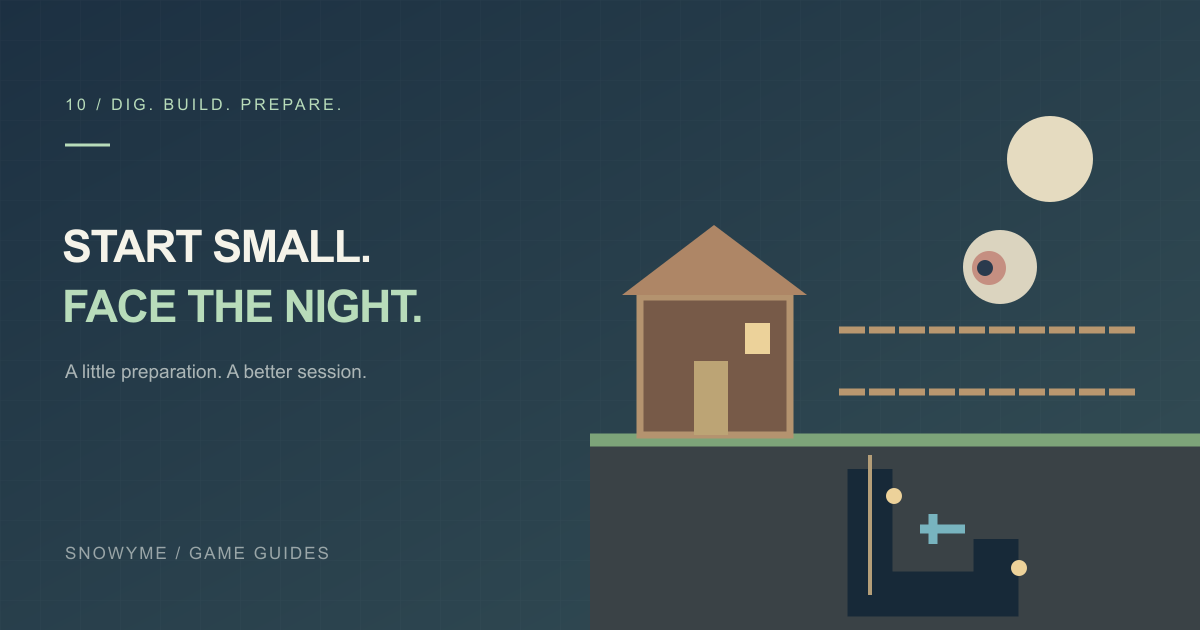 Original cross-section illustration of a safe wooden house, a lit cave descent, and a platform arena under a night sky